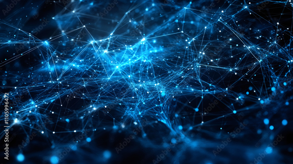 Poster Futuristic technological background with abstract plexus network nodes transferring data in cyberspace