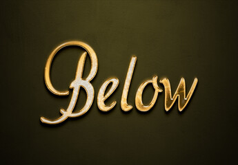 Old gold text effect of word Below with 3D glossy style Mockup.