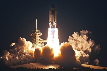 This is a great photo of the space shuttle launching from the launch pad, emitting huge smoke and powerful fire.