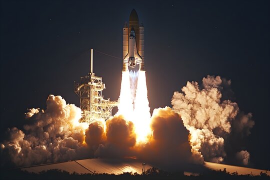 This is a great photo of the space shuttle launching from the launch pad, emitting huge smoke and powerful fire. - Powered by Adobe