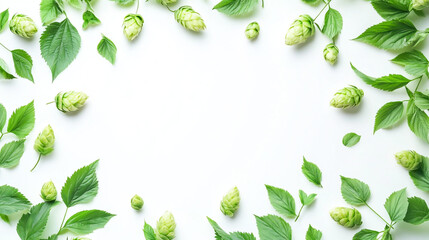 photo of green hop cones with leaves, isolated on a white background, studio shot