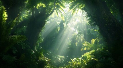 Lush Rainforest Sunlight Beams Tropical Jungle Green Paradise