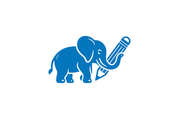  Minimalist Blue Elephant Logo Holding a Pencil on White Background
