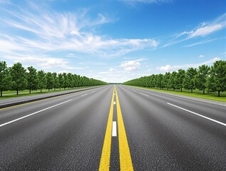 Fototapeta premium Asphalt road top view with two yellow lines and distant trees, trees, outdoors, nature, distance