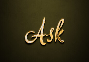 Old gold text effect of word Ask with 3D glossy style Mockup.