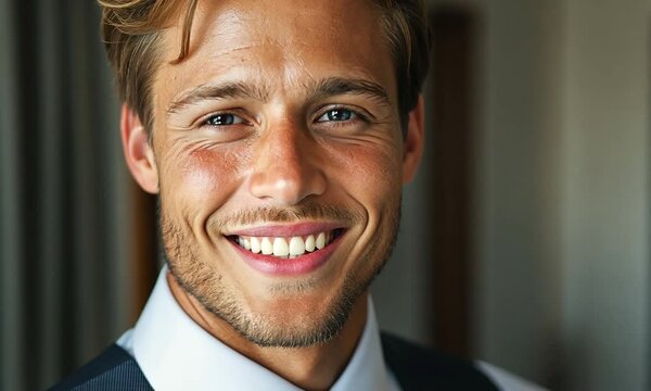 Zoom in young handsome caucasian man wearing business suit and smiling with perfect teeth toothy smile and steady look of blue eyes