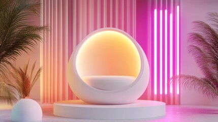 Fototapeta premium A pod-like white podium with retro neon shapes in the background, creating a soft vintage look