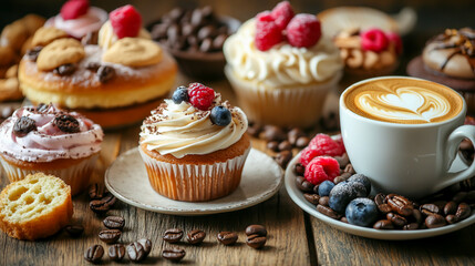 table full of cakes and coffee, coffee beans, sweets and cappuccino, breakfast, french breakfast, hot drinks sweets, cupcakes