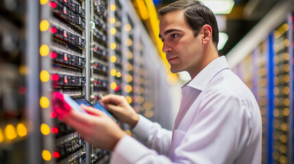 A skilled technician works diligently in a data center, monitoring and managing server equipment. Bright lights illuminate the high tech environment, showcasing their expertise.