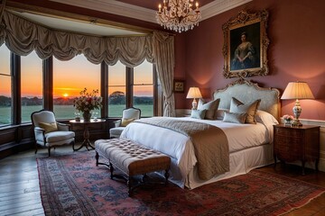 Elegant Historical Manor Bedroom at Sunset: A Luxurious Blend of Vintage and Modern Interior Design