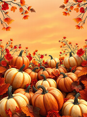 autumn seamless pattern background with pumpkins and flowers,  autumnal feel,  autumn leaves,  fall foliage,  outdoor setting,  nature-inspired design