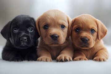 Obraz premium In a room with a white background, three cute pet dogs with black, brown, and brown short fur are lying down and looking at you with the same expression and appearance.