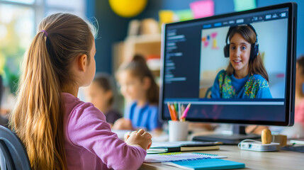 A young girl participates in an online class, focused on her screen. The classroom ambiance shows the importance of technology in modern education and remote learning.