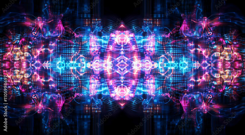 Poster Vibrant abstract patterns creating a mesmerizing display of colors and lights in a futuristic setting