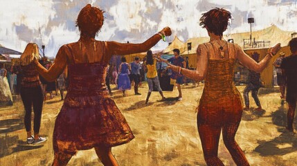 Fototapeta premium Two women dancing joyfully at a lively outdoor festival with a crowd in the background.