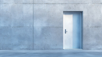 Large concrete wall features a minimalist white door, creating an air of mystery and potential