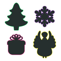 Christmas Symbol Silhouette Icon Set. Snowflake Gift Box Angel Eve pictogram Sticker Pack. Black Neon Coloured Flat design. White background. Vector