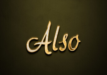 Old gold text effect of word Also with 3D glossy style Mockup.