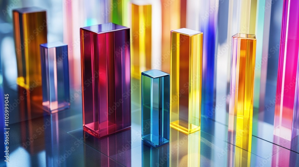 Poster a creative composition featuring multiple 3d bar charts on a glass surface, reflecting light and col