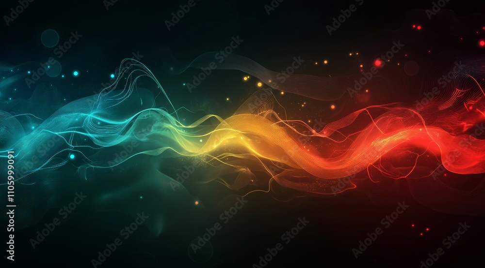Poster abstract tech background in the form of colorful waves, consisting of a large number of digital conn