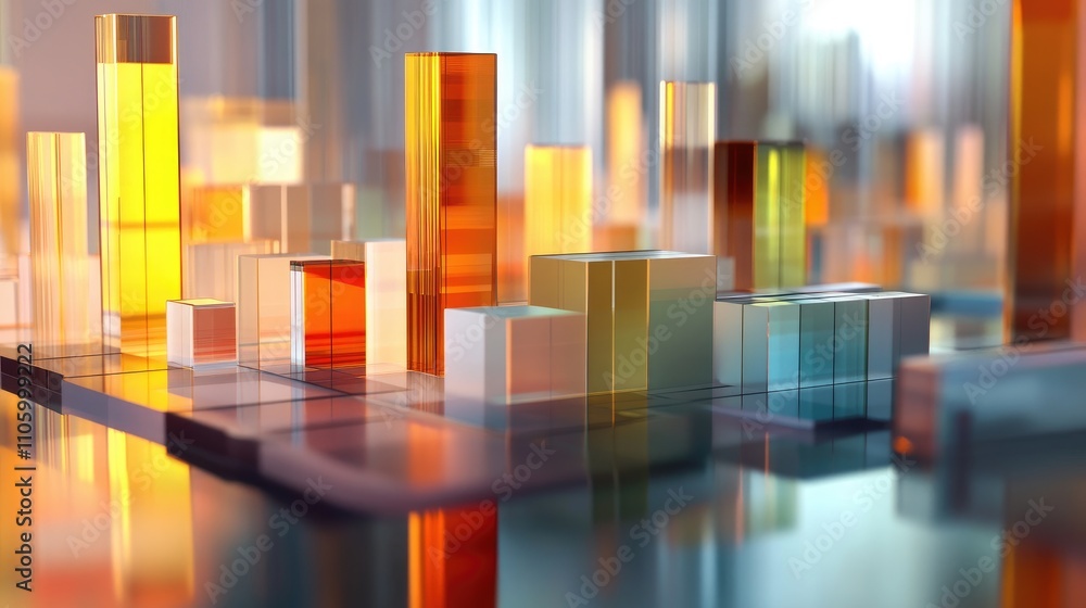 Poster a creative composition featuring multiple 3d bar charts on a glass surface, reflecting light and col