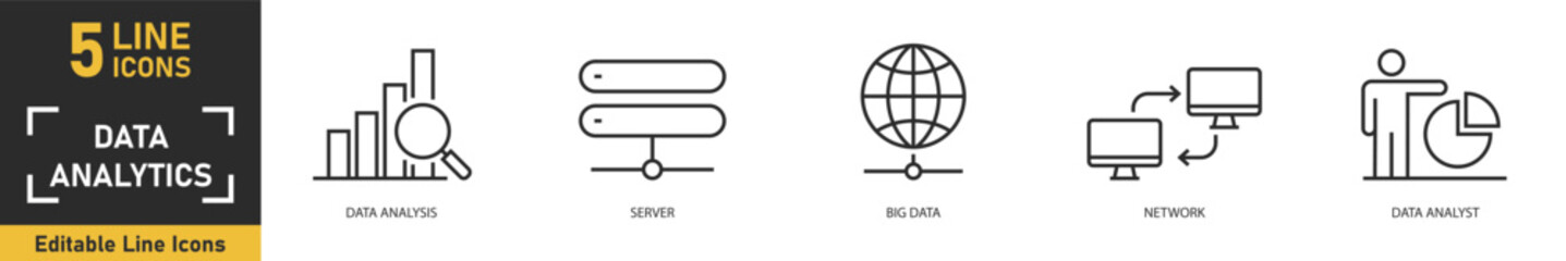 Data Analytics line icon set. Set of 5 outline icons related to data analysis, server, big data, network, data analyst and more. Vector illustration.