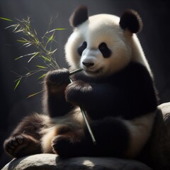 Obraz premium Cute panda bear enjoying bamboo, relaxed mood, natural habitat background, soft lighting