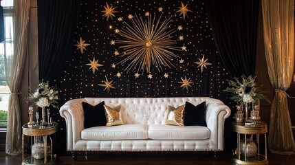 Classic Hollywood Glam setup for New Year's with a photo backdrop, star decor, and sparkling gold accents