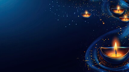 Blue Background with Glowing Diya Lamp for Greeting Card