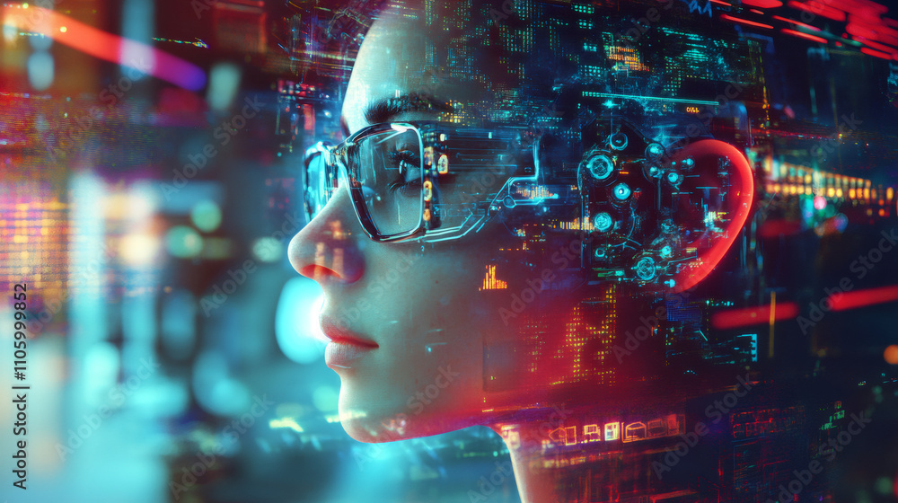 Poster female using smart glasses to interact with holographic futuristic user interface for data analysis 