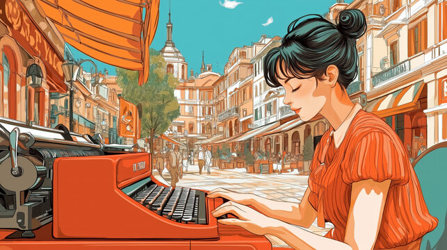 A serene scene of a woman typing on a vintage typewriter in a picturesque city square, surrounded by charming architecture and vibrant atmosphere, perfect for creative inspiration.