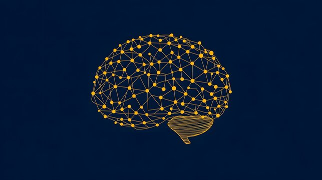 Brain illustration with yellow lines and neural network design on a blue background. Artistic brain mapping. Yellow neural connections on a blue canvas.