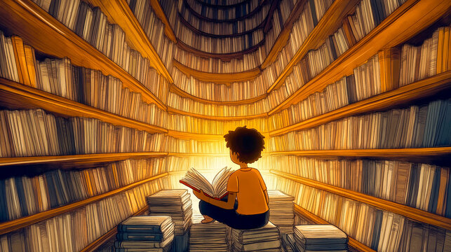 A young reader sits amidst towering bookshelves, immersed in a world of stories. The warm glow of light beckons, inviting exploration and imagination within endless pages.