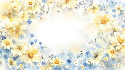 Beautiful watercolor pattern featuring delicate yellow and blue flowers, trendy, blossoms, elegant, buds