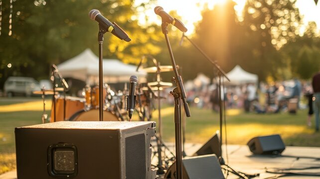 A podium at an outdoor concert, with microphones and instruments placed nearby
