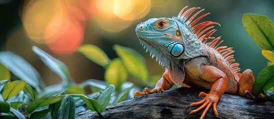 A vibrant blue and orange iguana with a spiky crest perches on a tree branch in a lush green forest, illuminated by warm, golden light.