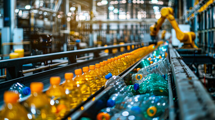 Naklejka premium Interior of a cooking oil production factory with robotic arms sorting plastic bottles, showcasing automation and industry processes.