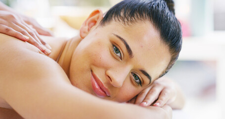 Obraz premium Happy woman, portrait and relax with masseuse at spa for back massage, body treatment or zen at luxury resort. Face, female person or client with smile for physical therapy or stress relief at salon
