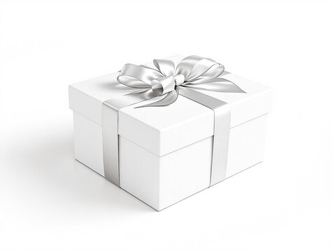Beautifully wrapped white gift box with silk ribbon on white backdrop, giveaway, aristocratic, happiness, congratulatory