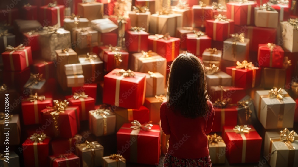 Wall mural A girl child looks at a big mountain of gift boxes