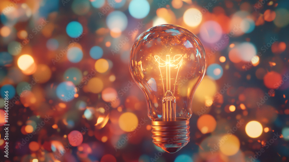 Poster bright lightbulb shining against a colorful bokeh backdrop, representing creativity, innovation, and