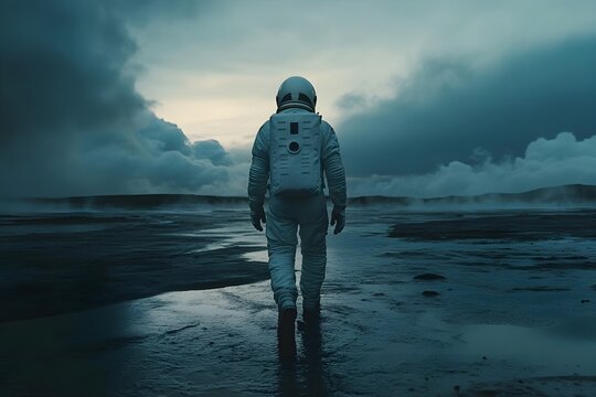 An astronaut in a white spacesuit is exploring the smoky, flat plains of an unknown planet with barren, dry water. - Powered by Adobe