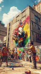 Fototapeta premium A vibrant street art scene with a large panda mural and people painting colorful designs.