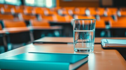 A podium in a lecture hall, with notebooks and a glass of water placed on it 