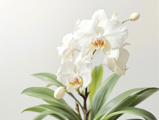 Fototapeta premium Blooming white vanilla orchid with delicate stamen and fresh leaves, aroma oil, plantation