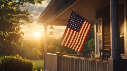 United States flag hanging on front porch of house with sunset in background, flag day or patriotism theme