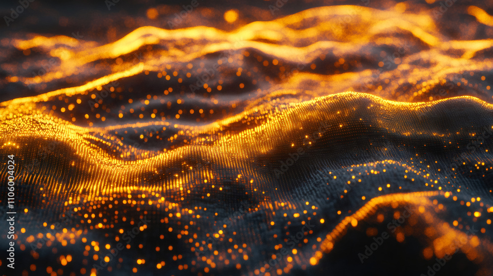 Poster Dynamic waves of glowing particles in abstract background, ideal for technology, innovation, or futuristic concepts