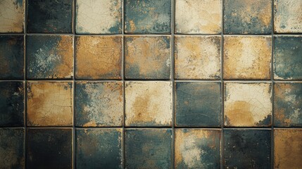 Naklejka premium Close-Up of Vintage Ceramic Tile Wall Featuring Unique Distressed Patterns in Earthy Tones for Elegant and Timeless Interior Design Aesthetics
