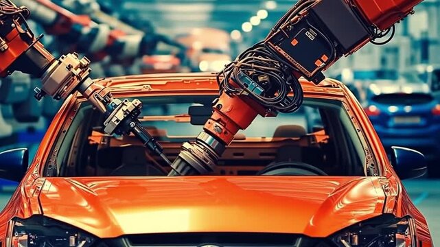 An automated car production process in a modern factory. Concept of innovation, precision, and technological progress in the automotive industry.