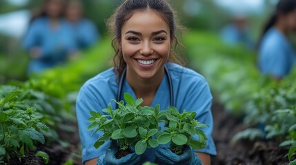 Sustainable nursing education practices with students learning eco-conscious methods, symbolizing modern healthcare, cleanly displayed.